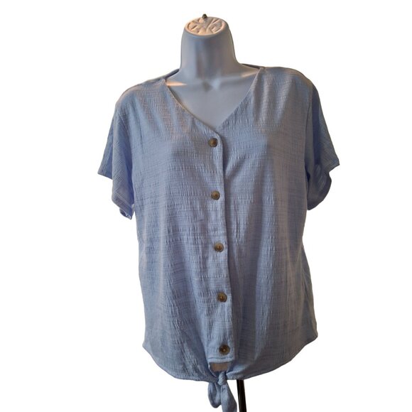Weatherproof Womens Top Medium Blue Button Front Tie Hem Short Sleeve Cabincore - Picture 1 of 8